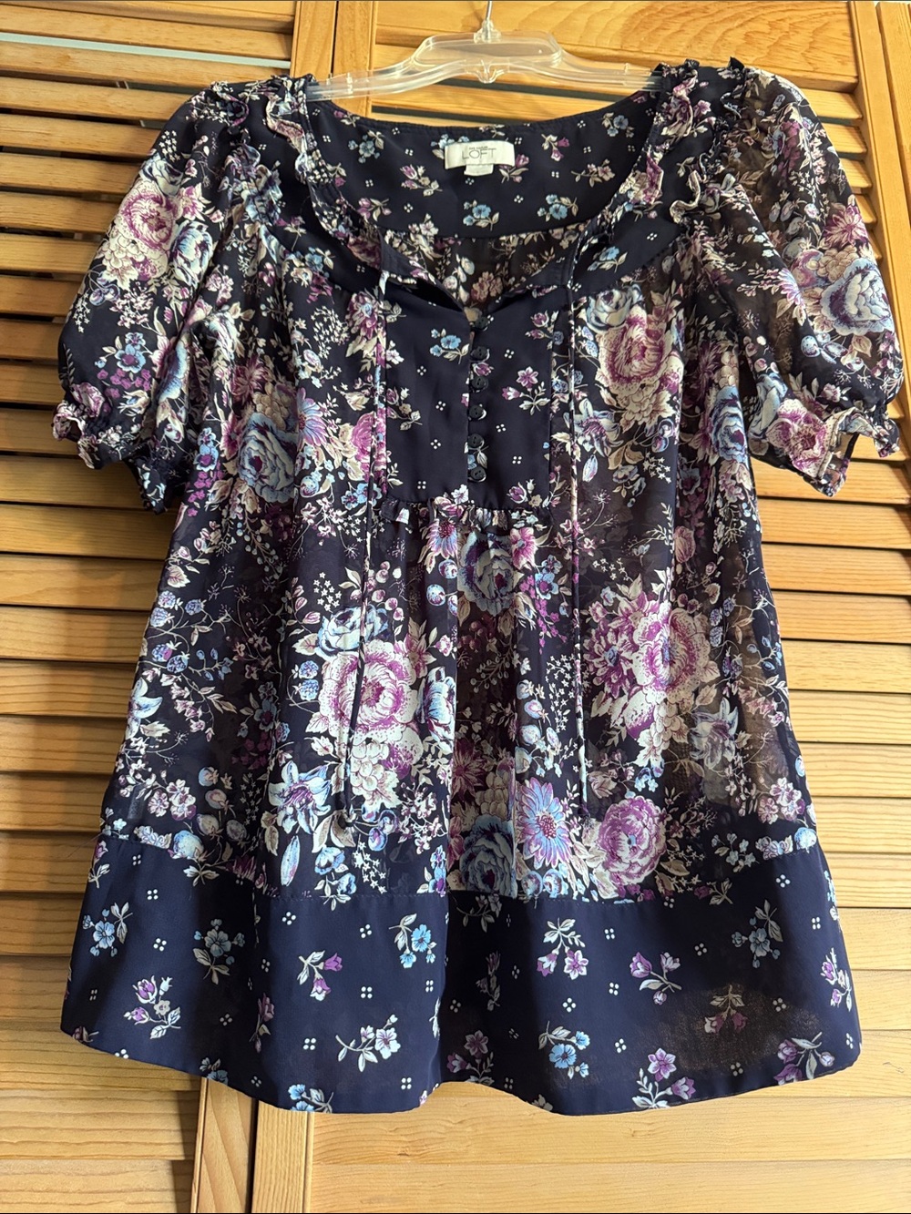 LOFT Navy Floral Puff-Sleeve Peasant Blouse
